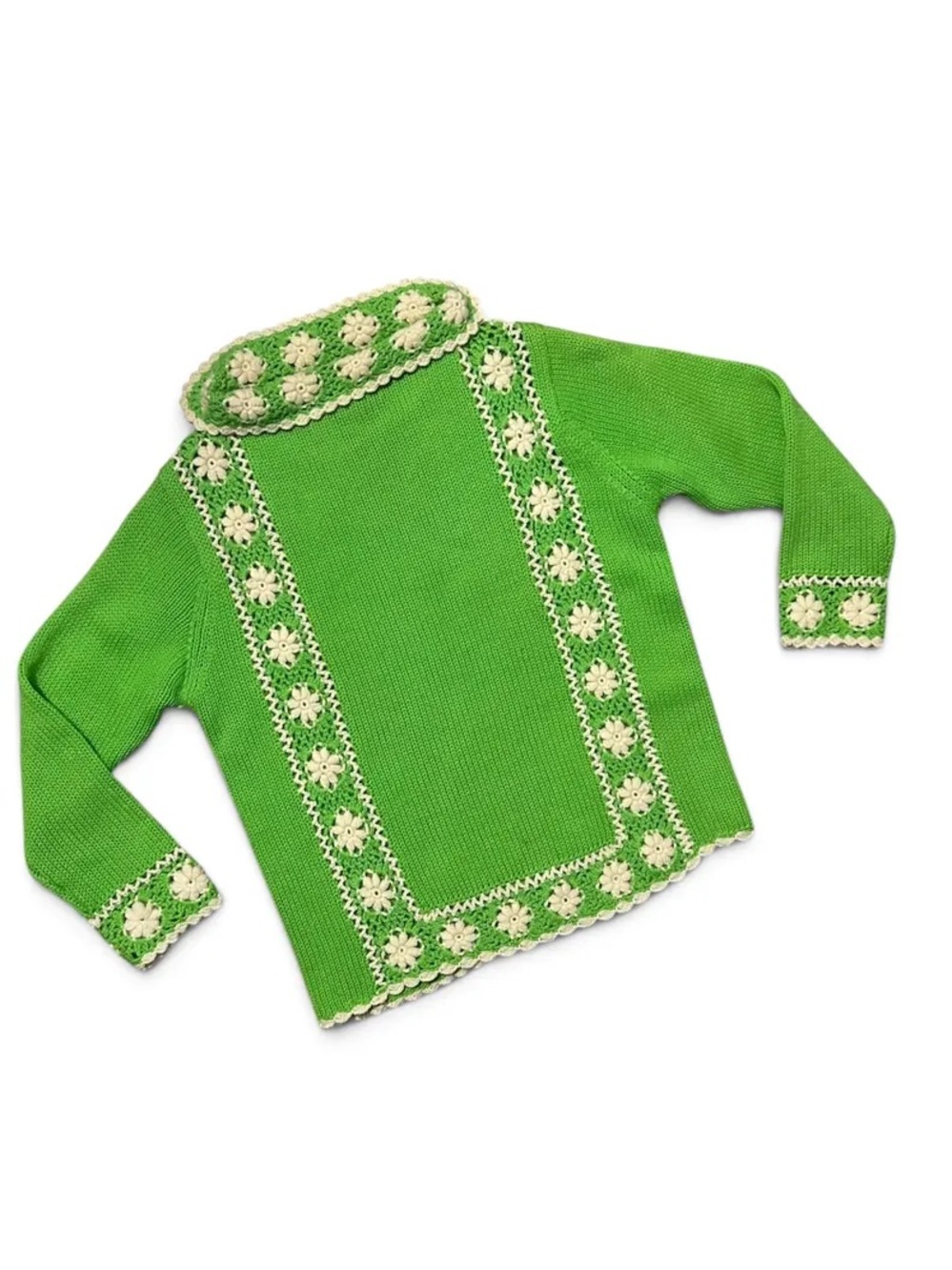1960s 1970s Green Crochet-Trim Sweater with Cream Floral Accents S/M